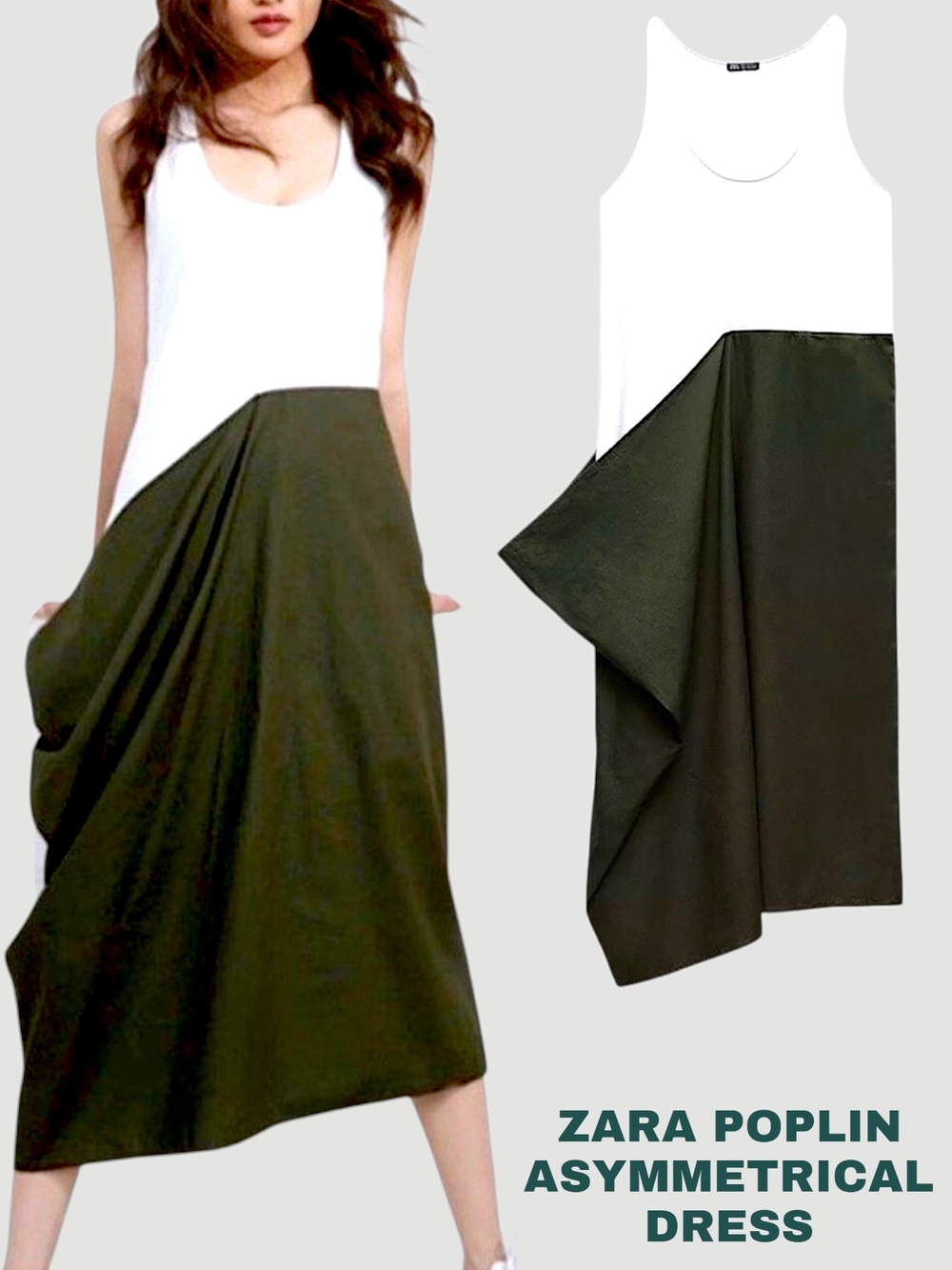 Zara Asymmetrical Poplin 2 Tone Dress Green & White ,size Small NWOT